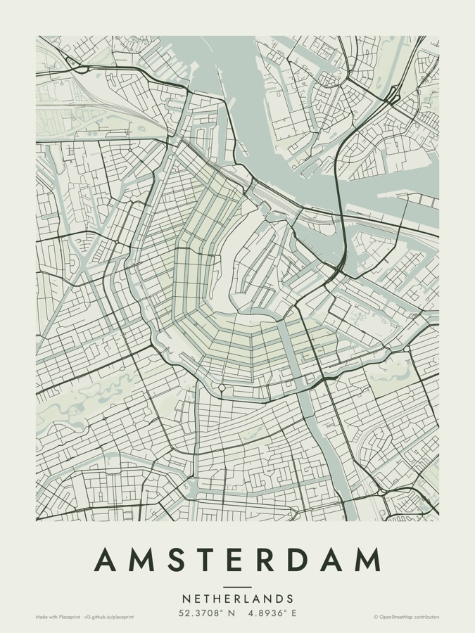 Amsterdam canal map poster in the Sage style