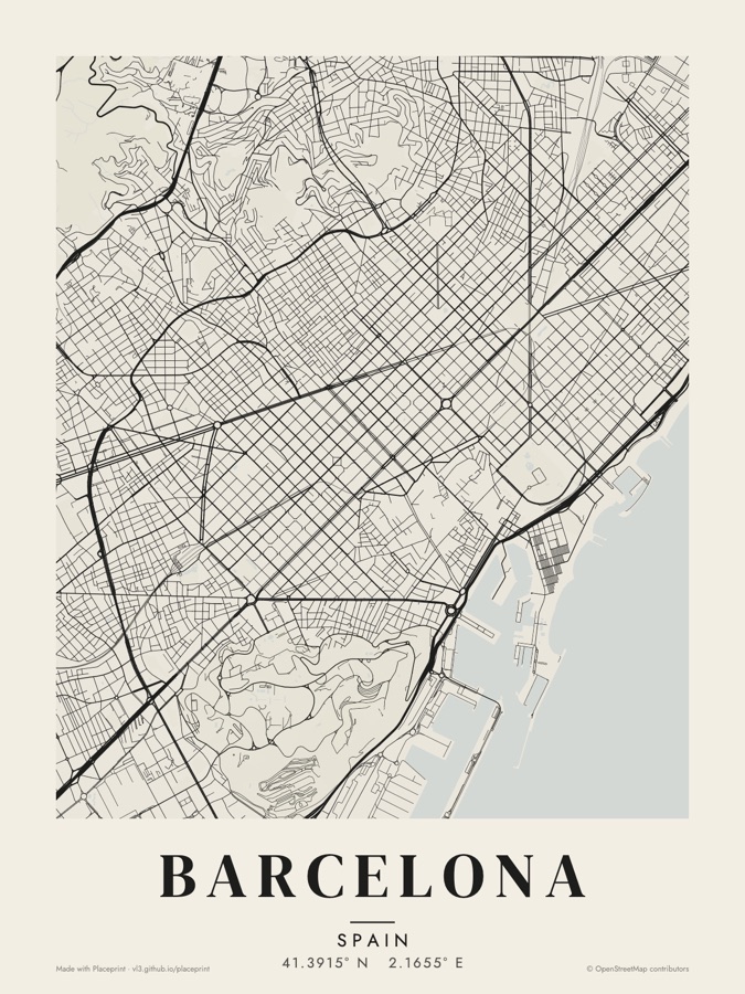 Barcelona street map poster in the Ink style