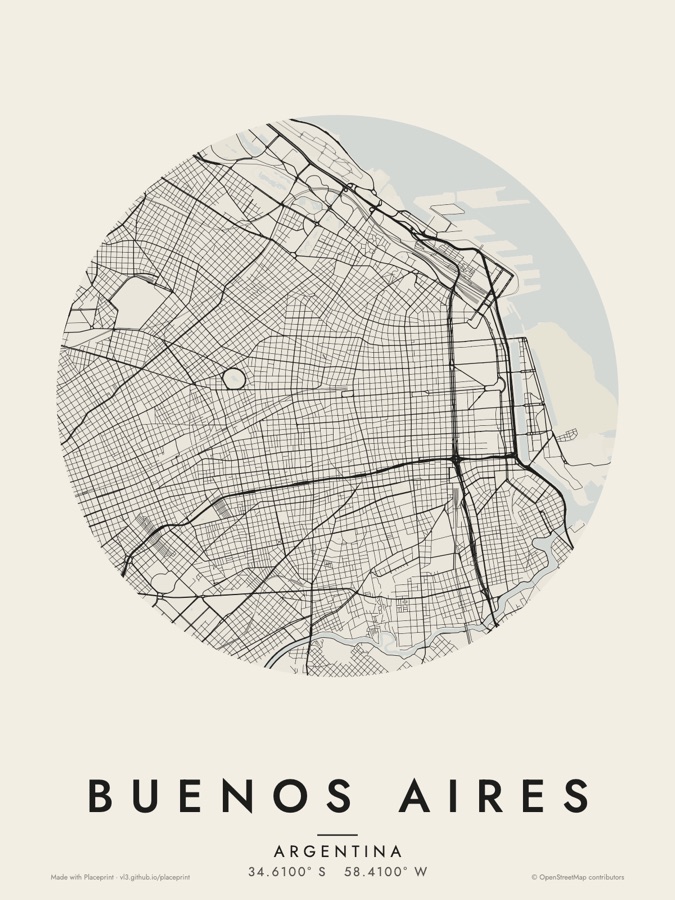 Buenos Aires map in a circle, black ink on paper