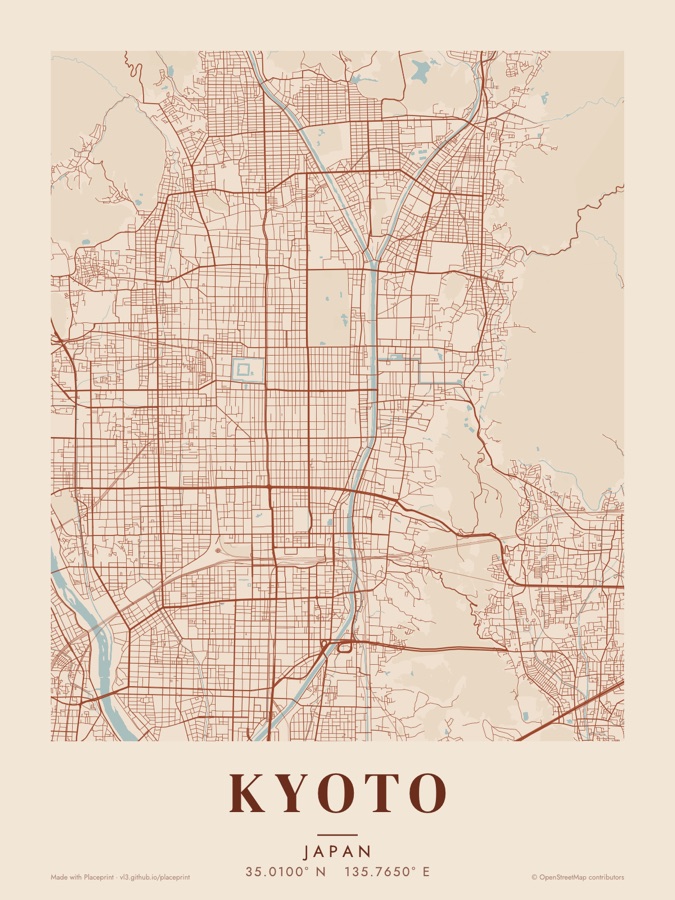 Kyoto street grid poster in the Terracotta style