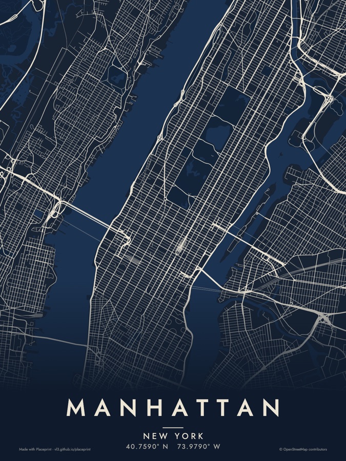 Manhattan street map poster in the Midnight style