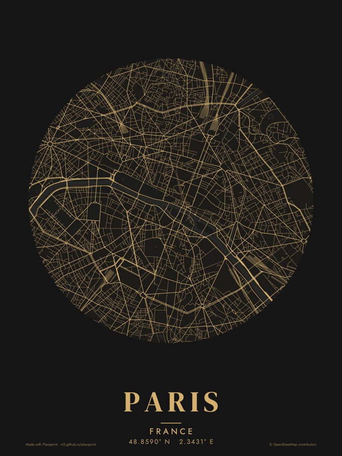 Paris map in a gold circle on black