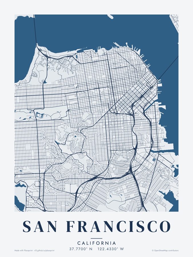 San Francisco map poster with blue water