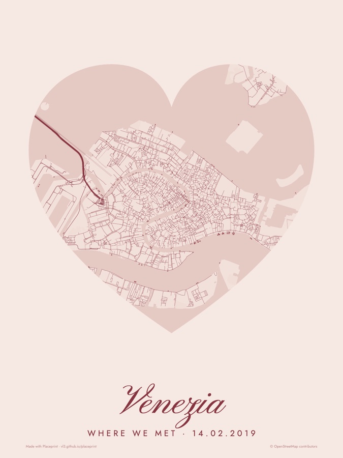 Venice map inside a heart with the words Where we met